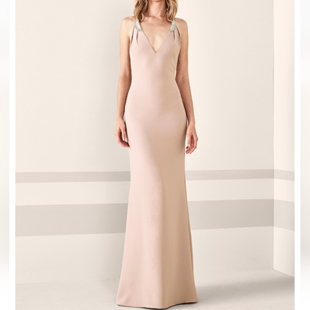 NWT Pronovias Barcelona Jasmin Sleeveless Crepe NeutralSheath Dress with Beaded…